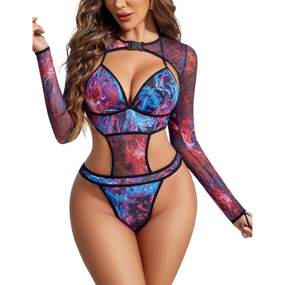 Women Rave Bodysuit Set Polyester Small Backless Mesh Crop Top Party